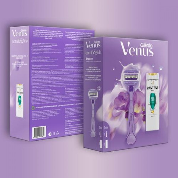 Подарочный набор Gillette Venus ComfortGlide Brz с 2 кассетами и шампунем PANTENE Aqua Light