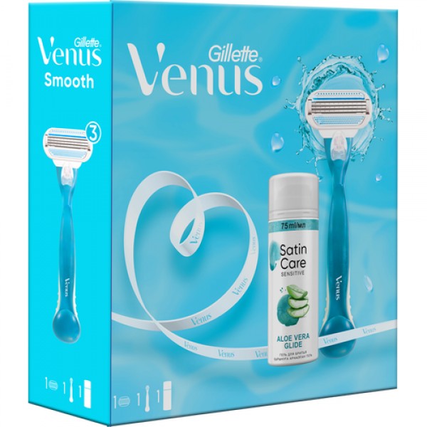 Подарочный набор Gillette Venus Бритва с 1 сменной кассетой + Гель для бритья женский Satin Care для чувствительной кожи, 75мл